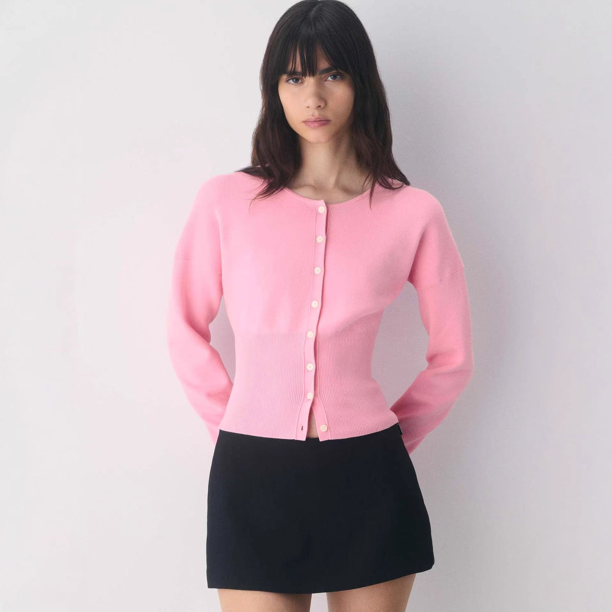 Cropped Ribbed Cardigan with Button Placket