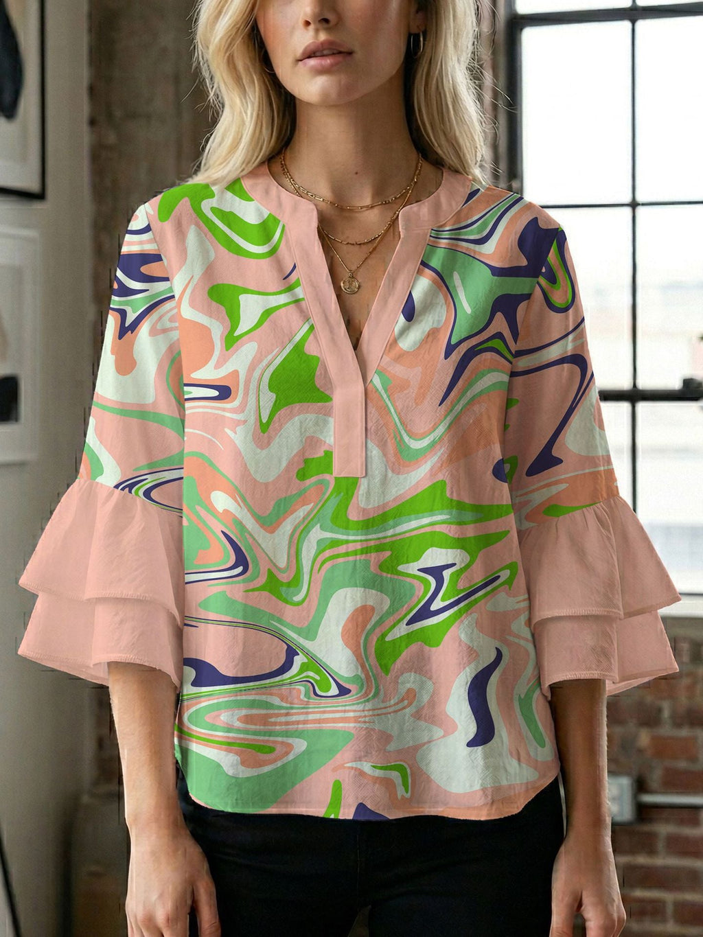 Women's Blouse Shirt with Voluminous Sleeves and Creative Print Design