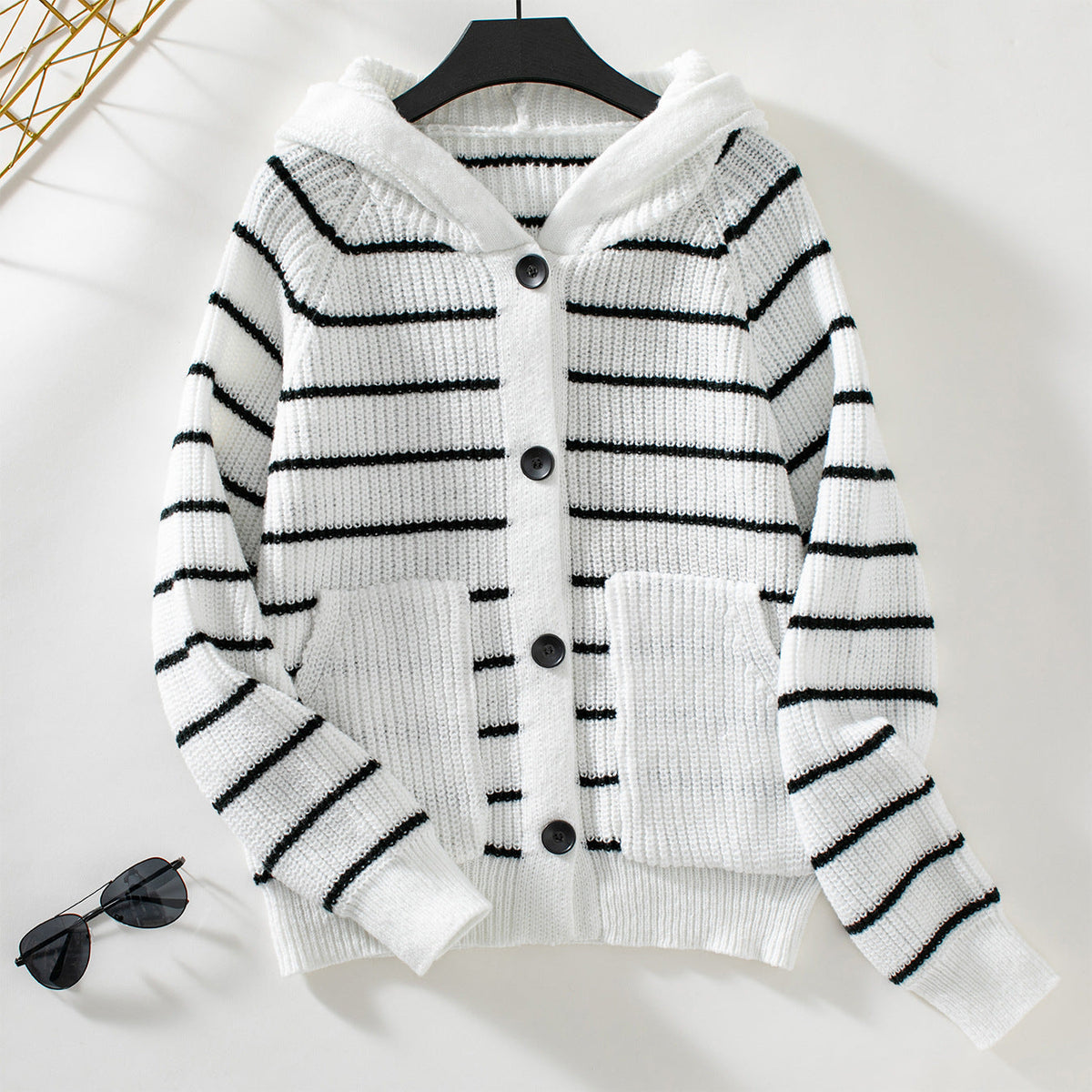 Women's Striped Cardigan with Hood and Pockets