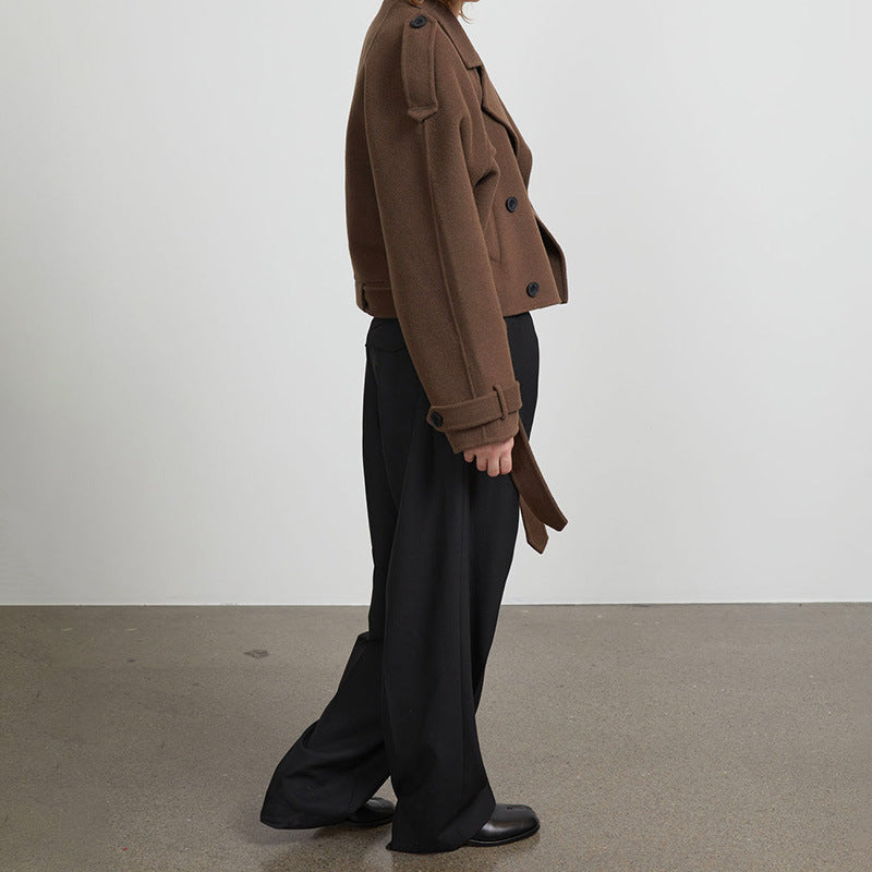 Women's Cropped Trench Jacket with Adjustable Belt and Double-Breasted Design