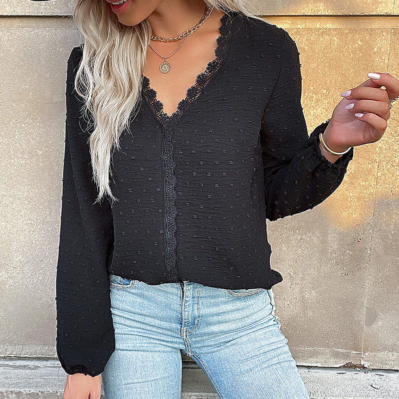 Women's Blouse with Fine Texture Details and Romantic Lace Insert