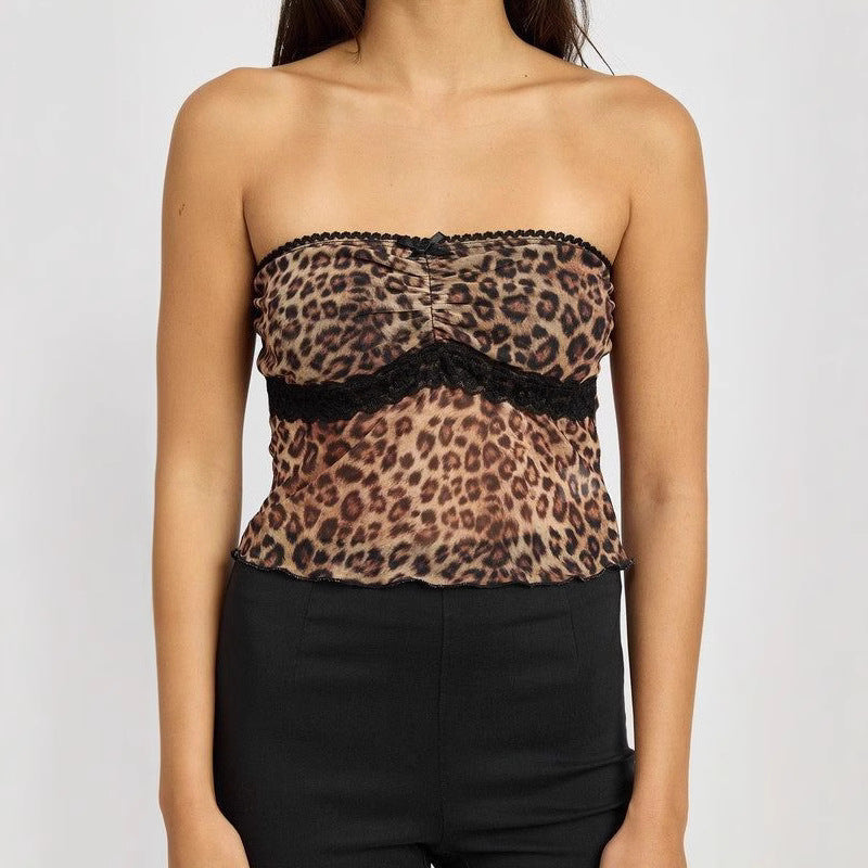 Women's Bandeau Top with Leopard Print and Lace Trim