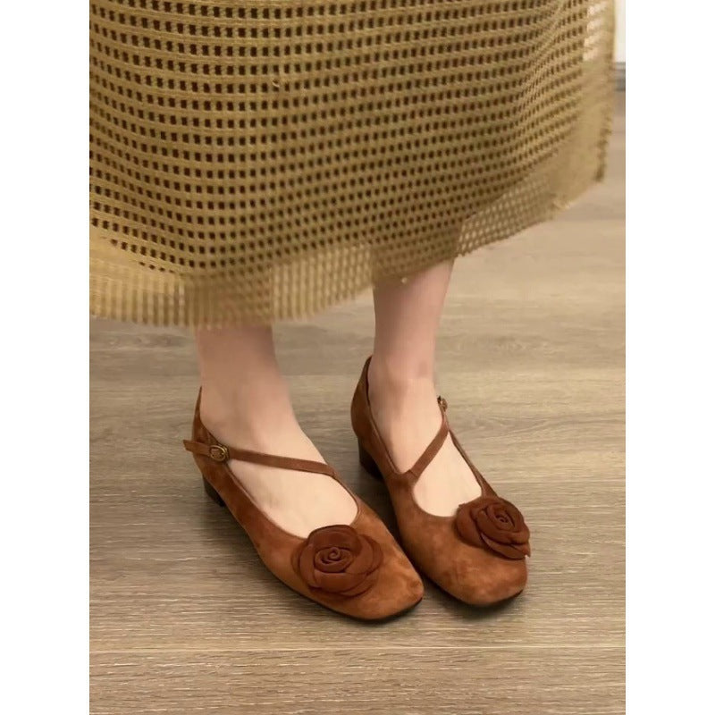 Women's Ballet Flats with Decorative Flower Appliqué and Comfortable Block Heel