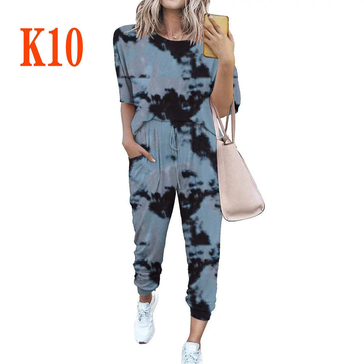 Women's Lightweight Casual Jumpsuit with Tie-Dye Pattern and Pockets