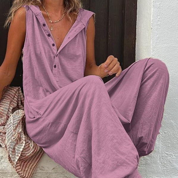 Casual Women's Jumpsuit with Button Closure and Side Pockets