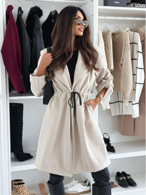 Loose Hooded Sweatcoat with Adjustable Waist and Elegant Details