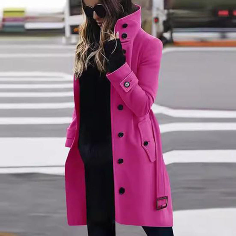 Women's Elegant High-Collar Coat with Practical Pockets