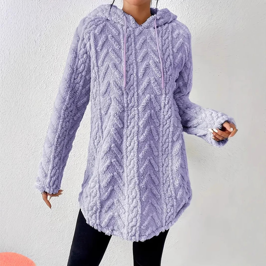 Women's Fluffy Hooded Sweater with Cable Knit Design