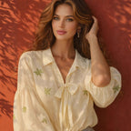 Women's Blouse with Ruffle Details and Floral Embroidery