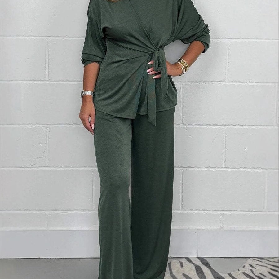 Women's Casual Lounge Set with Knot Detail and Wide-Leg Cut