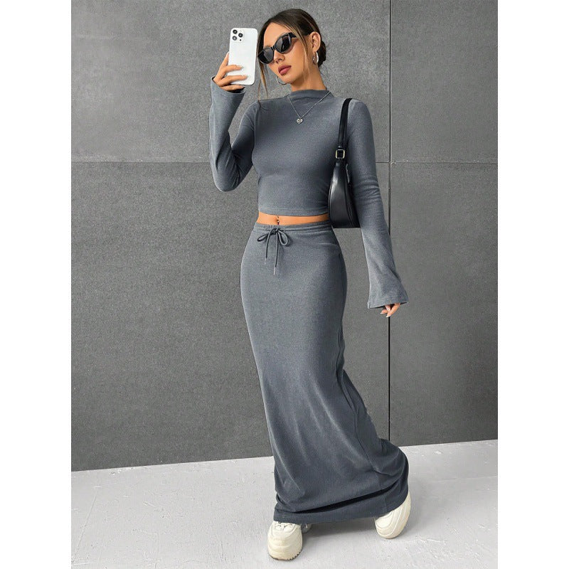 Women's Elegant and Comfortable Long-Sleeve Crop Top and Maxi Skirt Set