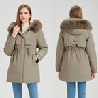 Women's Functional Parka with Detachable Faux Fur Collar and Waist Drawstring