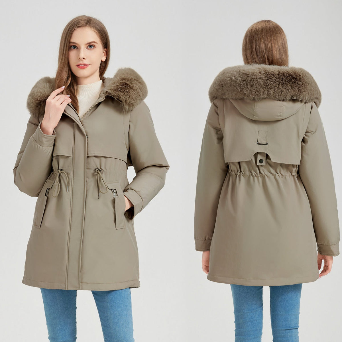Women's Functional Parka with Detachable Faux Fur Collar and Waist Drawstring