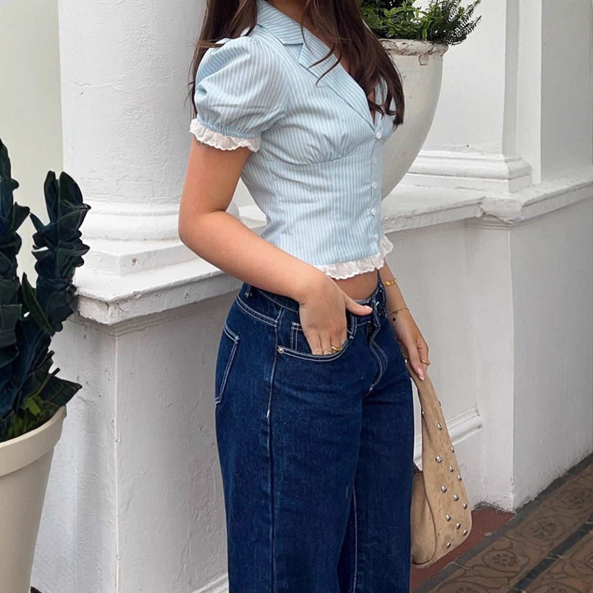 Women's Short Blouse with Ruffled Sleeves and Striped Pattern