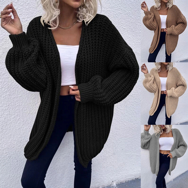 Women's Chunky Knit Cardigan with Wide Sleeves and Casual Look