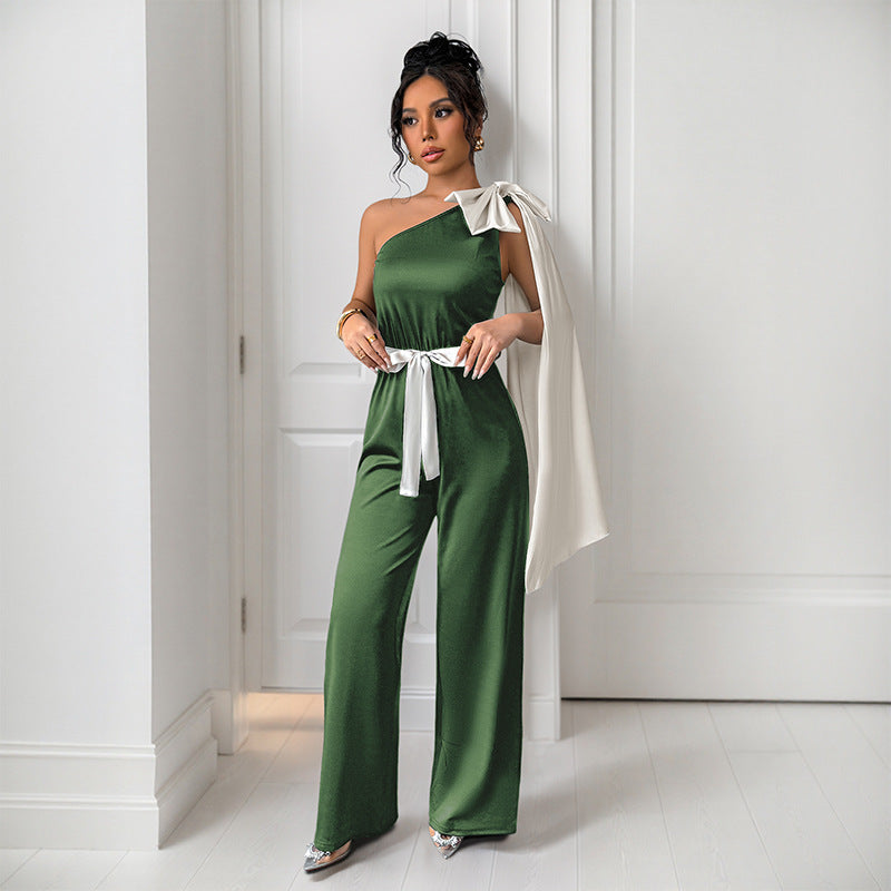 Elegant Women's Jumpsuit with Asymmetric Neckline and Decorative Waist Belt