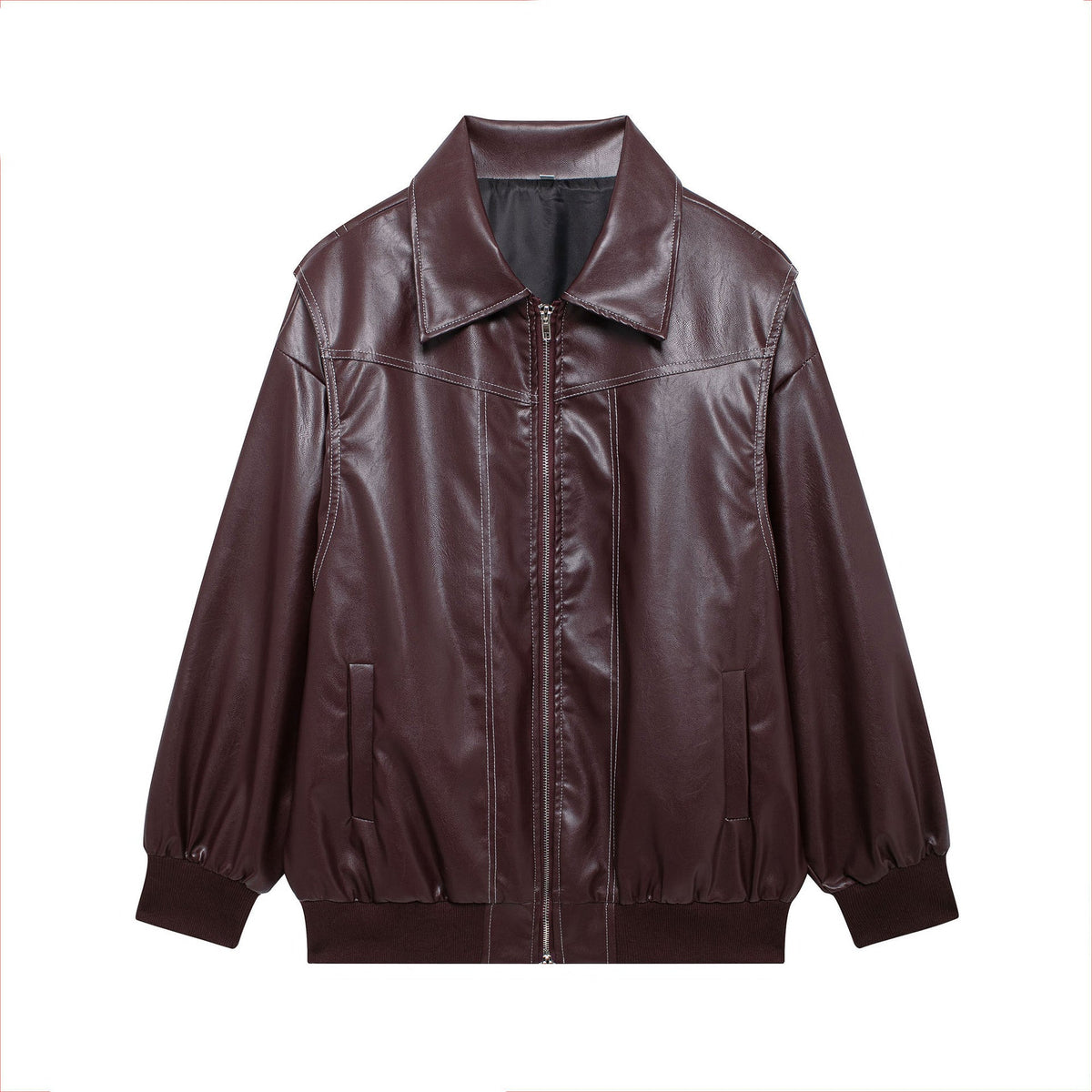 Women's Elegant Faux Leather Jacket with High Collar and Elastic Cuffs