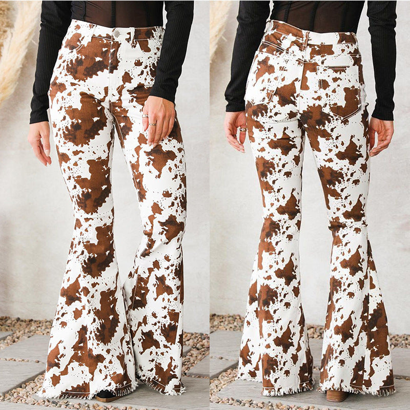 Women's Flared Jeans with Cow Print