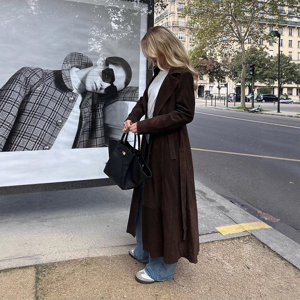 Elegant Suede Coat with Waist Belt