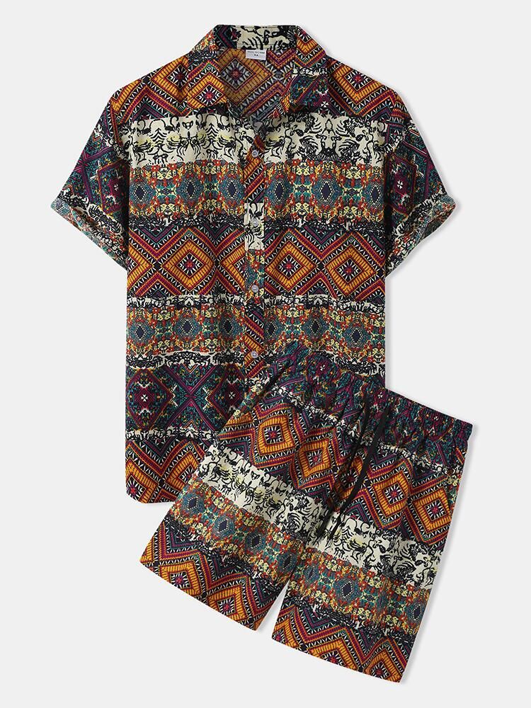 Women's Short-Sleeve Vacation Shirt with Colorful Pattern and Comfortable Shorts