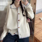 Women's Comfortable Knit Cardigan with Contrast Button Details and Large Collar