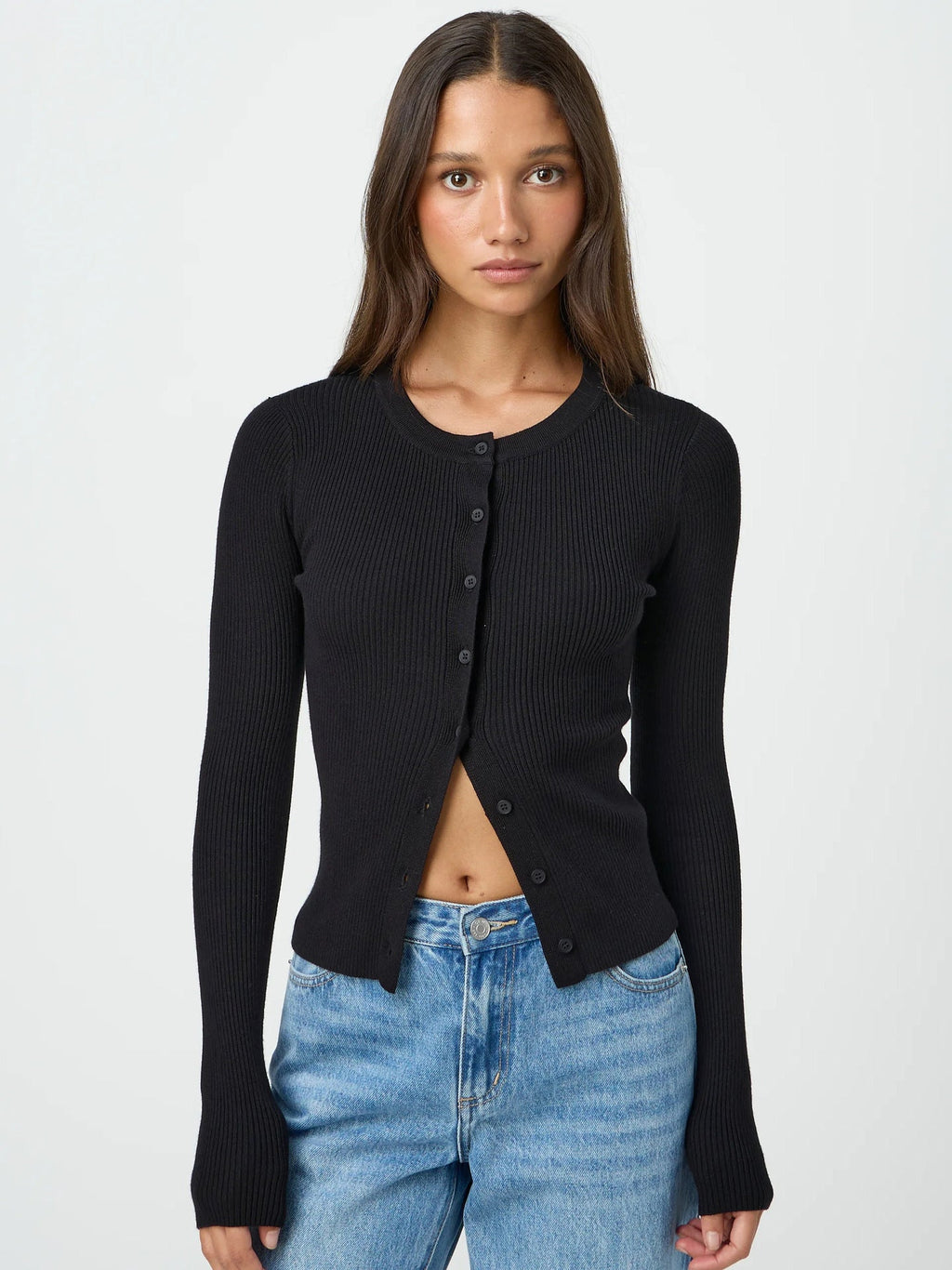 Women's Form-Fitting Knit Cardigan with Button Placket and Long Sleeves