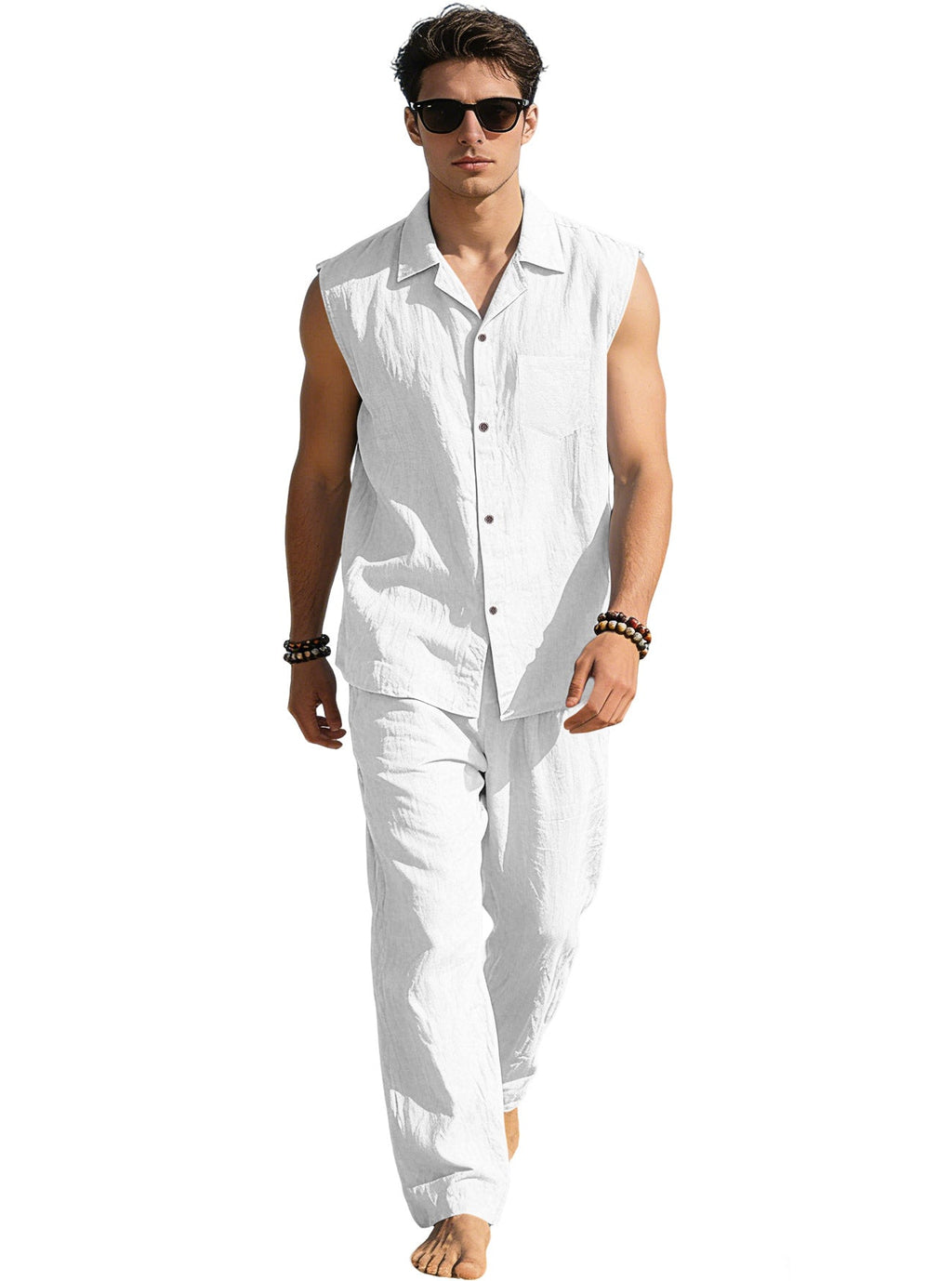 Men's sleeveless linen leisure set with lapel collar, chest pocket, and straight pants