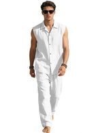 Men's sleeveless linen leisure set with lapel collar, chest pocket, and straight pants
