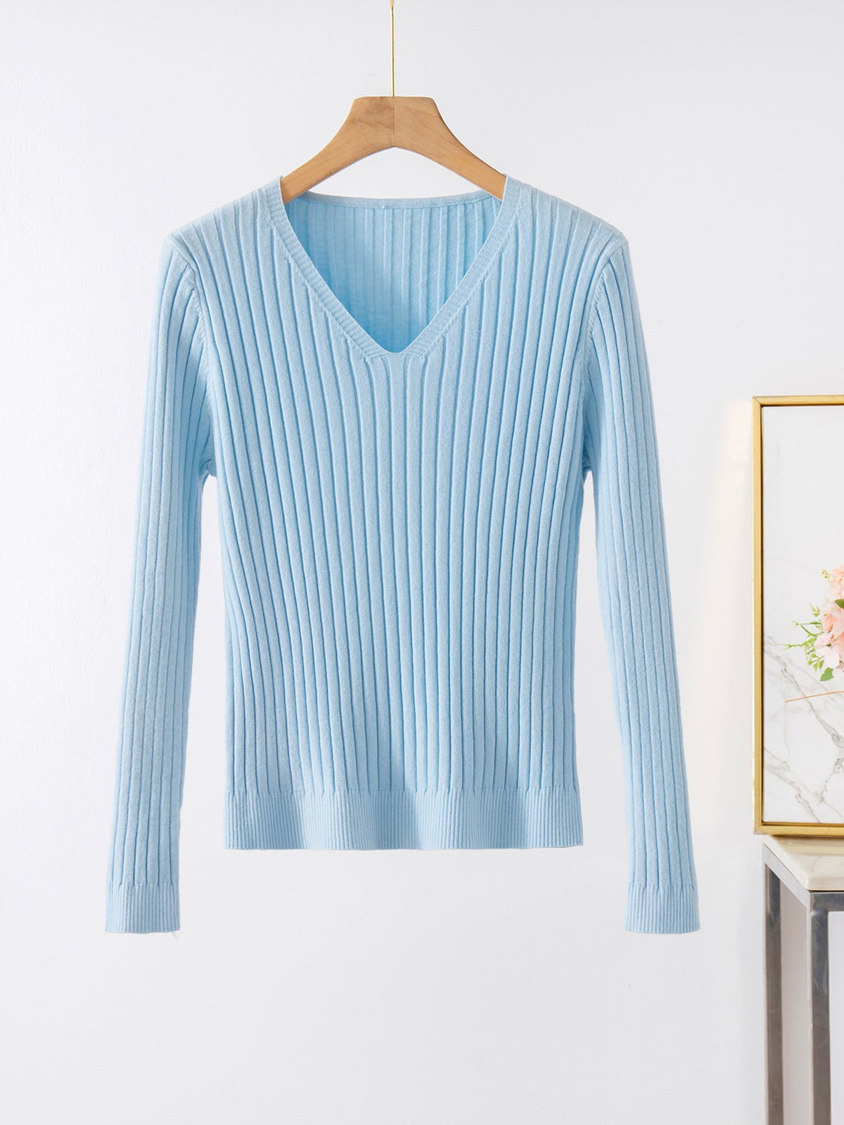 Women's V-Neck Ribbed Fine Knit Sweater
