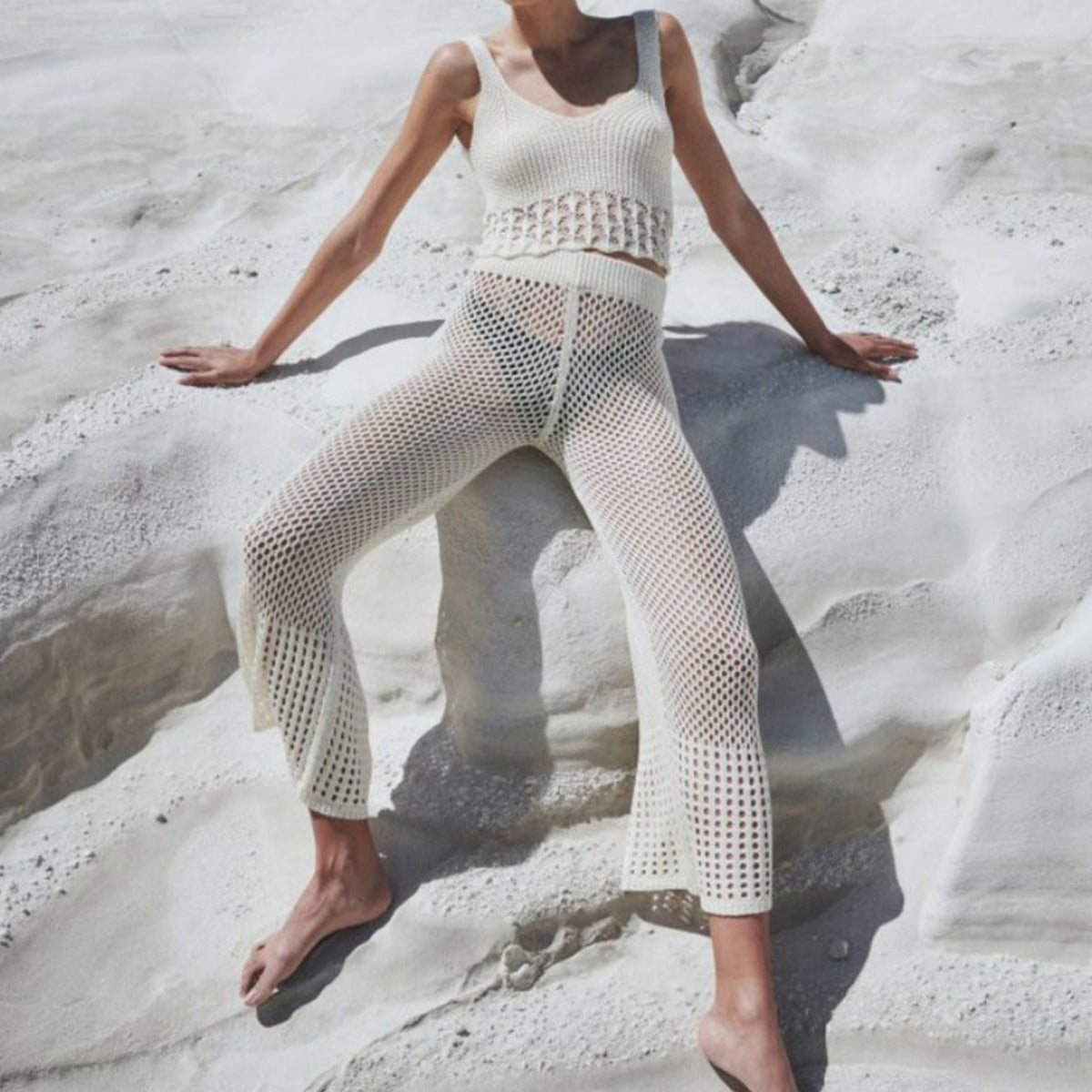 Women's Airy Cropped Crochet Top and High-Waisted Mesh Pants