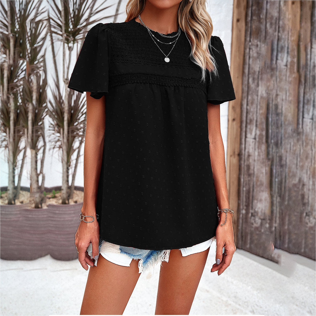Women's Blouse with Puff Sleeves and Decorative Lace Trim