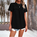 Women's Blouse with Puff Sleeves and Decorative Lace Trim