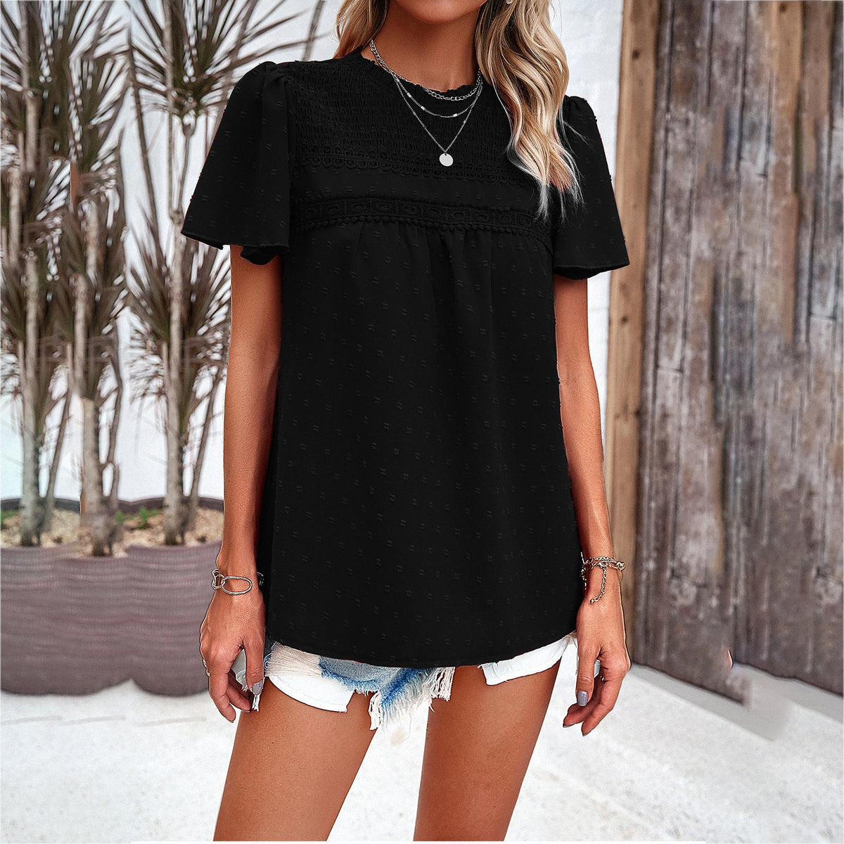 Women's Blouse with Puff Sleeves and Decorative Lace Trim