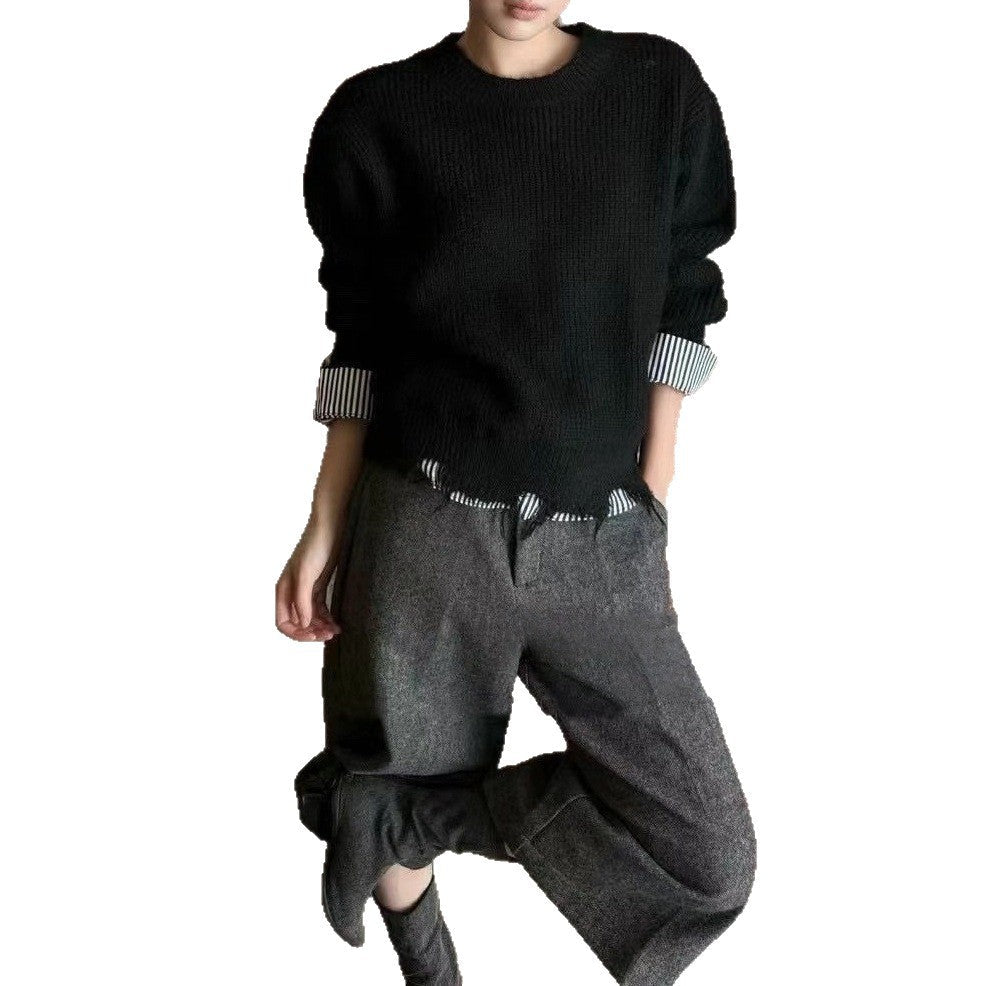Women's Chunky Knit Sweater with Contrast Cuffs and Casual Fit