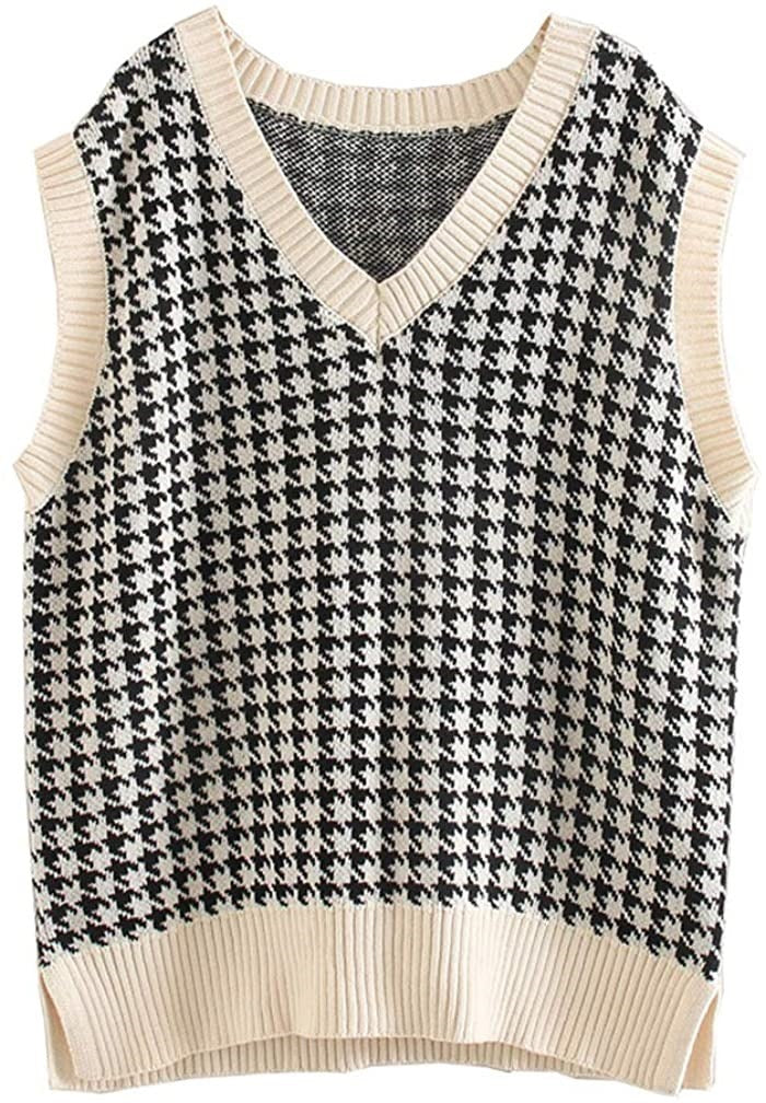 Women's Sleeveless Knit Vest with Modern Houndstooth Pattern