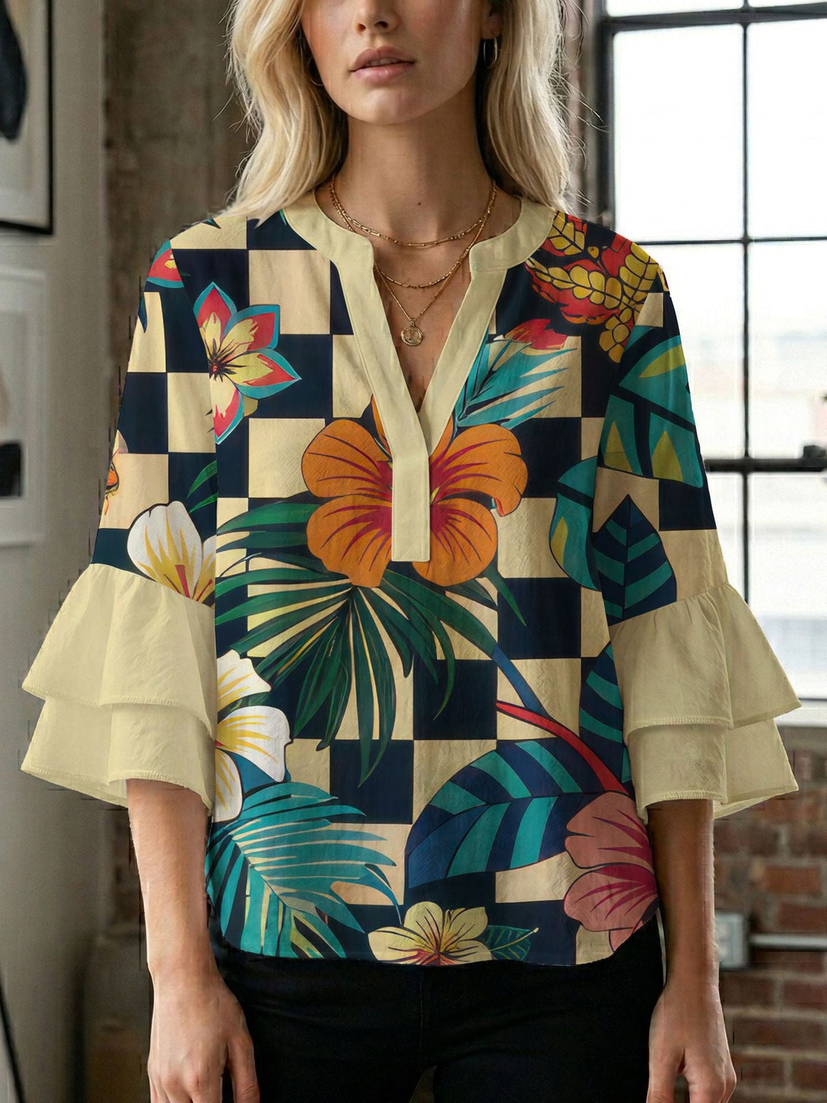 Women's Blouse Shirt with Voluminous Sleeves and Creative Print Design