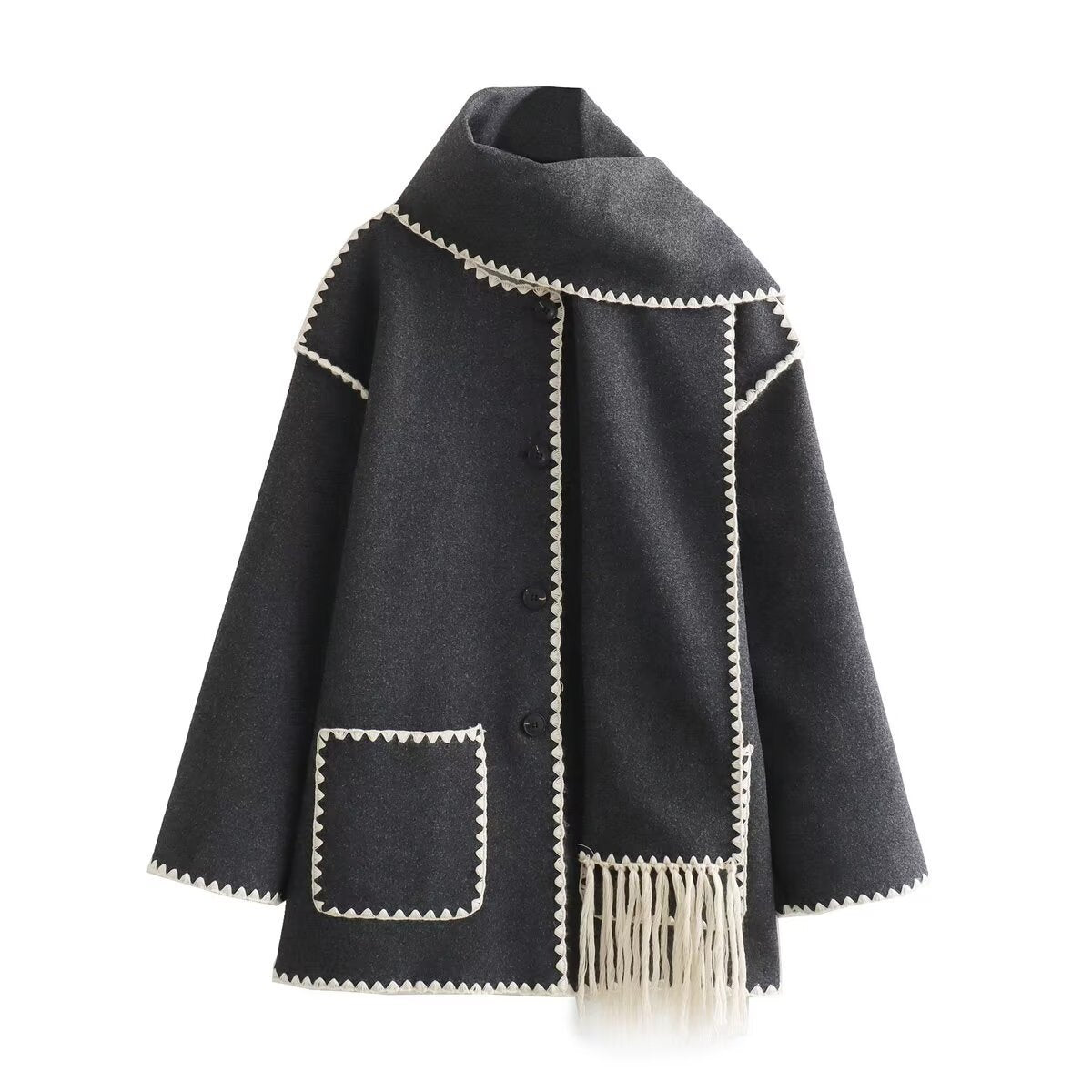 Women's Coat with Fringe Detail and Elegant Button Placket
