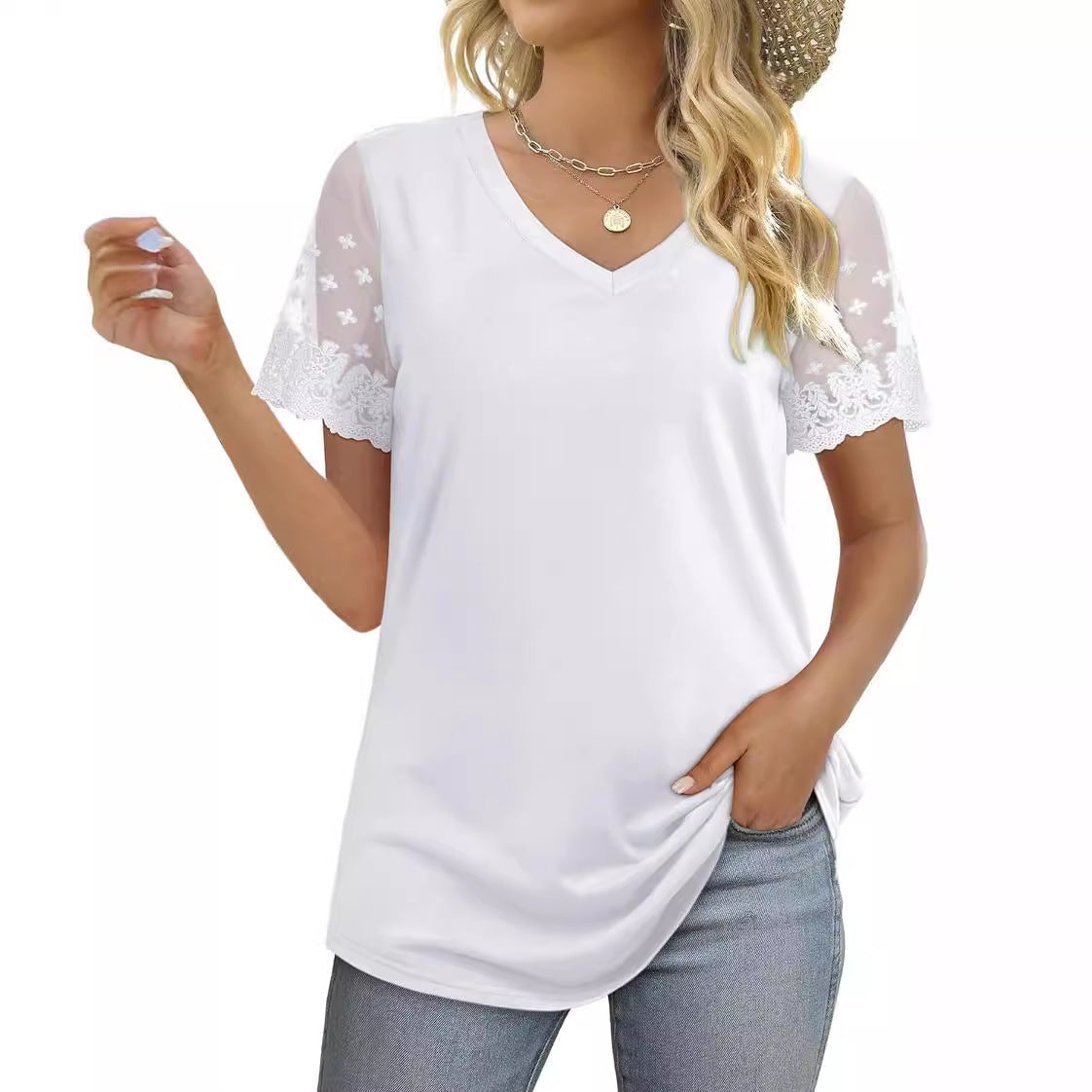 Women's Blouse with Elegant Lace Sleeves and V-Neck