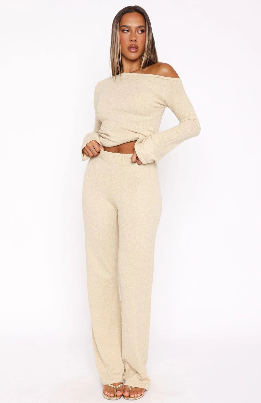 Women's Elegant Knit Set with Off-Shoulder Top and Wide Pants