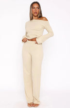 Women's Elegant Knit Set with Off-Shoulder Top and Wide Pants