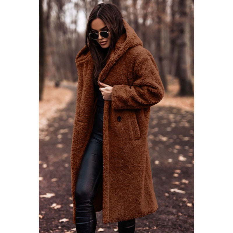 Women's Fluffy Teddy Coat with Hood and Button Detail