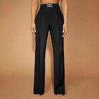 Women's Elegant High-Waist Pants with Double Buckle Detail