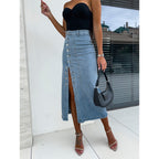 Denim Midi Skirt with Side Slit and Button Details