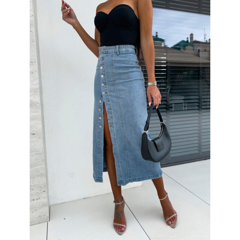 Denim Midi Skirt with Side Slit and Button Details