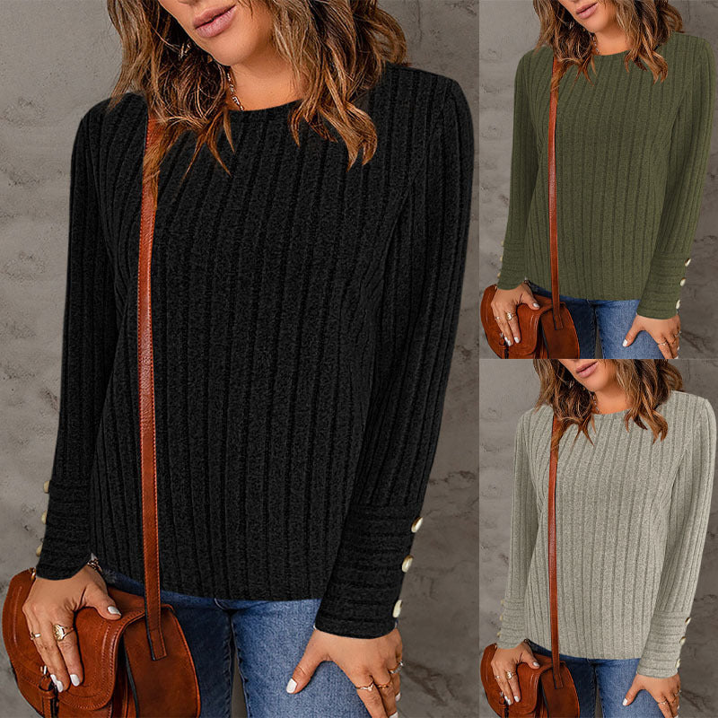 Women's Fine Knit Pullover with Ribbed Texture and Button Details