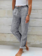 Women's Relaxed Cotton Striped Trousers with Adjustable Waist