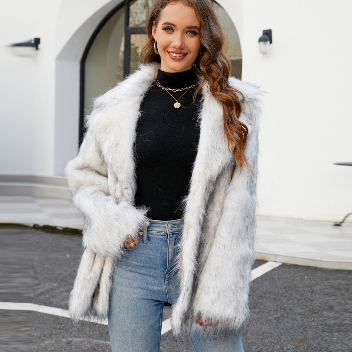 Women's Elegant Faux Fur Jacket with Wide Lapel