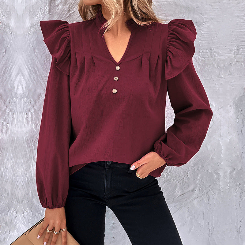 Women's Blouse with Ruffle Details and Button Closure