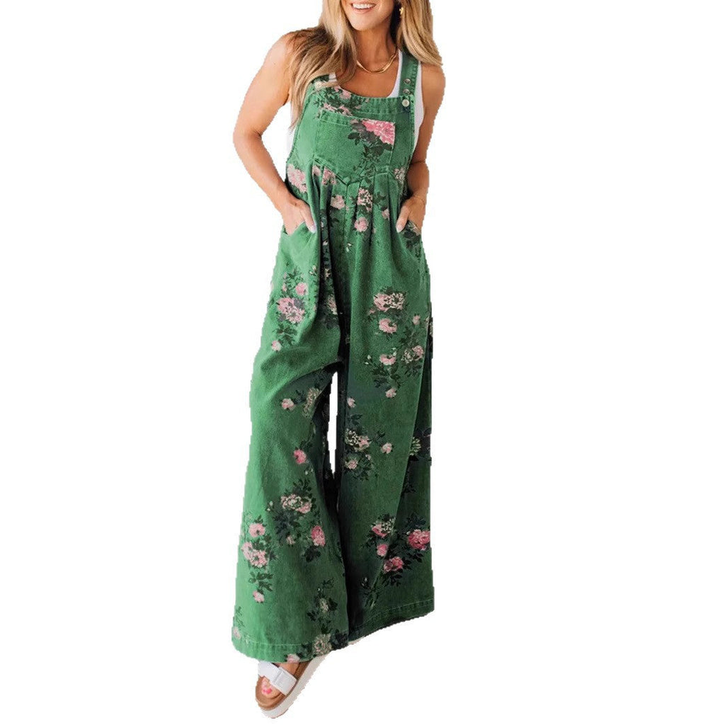 Women's Casual Denim Jumpsuit with Floral Print and Wide Legs