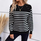 Women's Striped Sweater with Decorative Button Details and Round Neckline